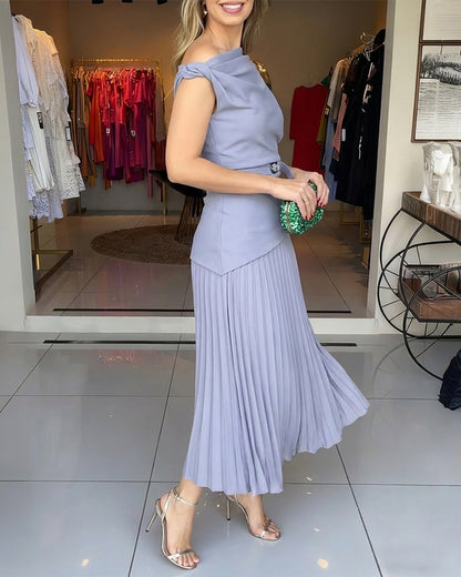 Women's Elegant 2 Piece Outfits Skew Neck Twist Top and Pleated Midi Skirt Set with Belt Evening Party Suit