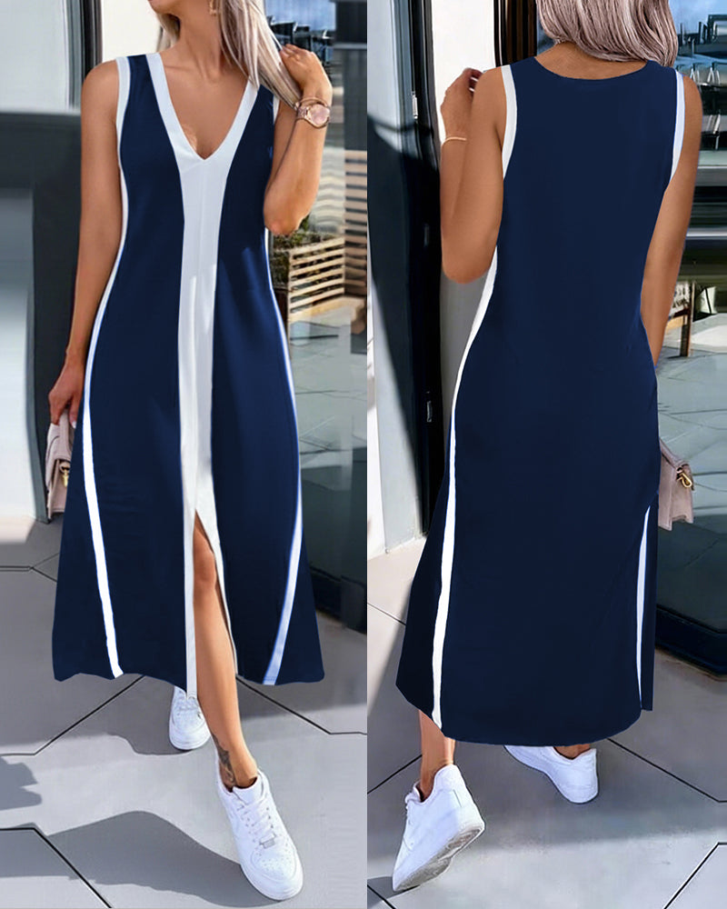 Striped Sleeveless Plunge Neckline Midi Dress with Slit Detail Casual Loose Fit A Line Dress