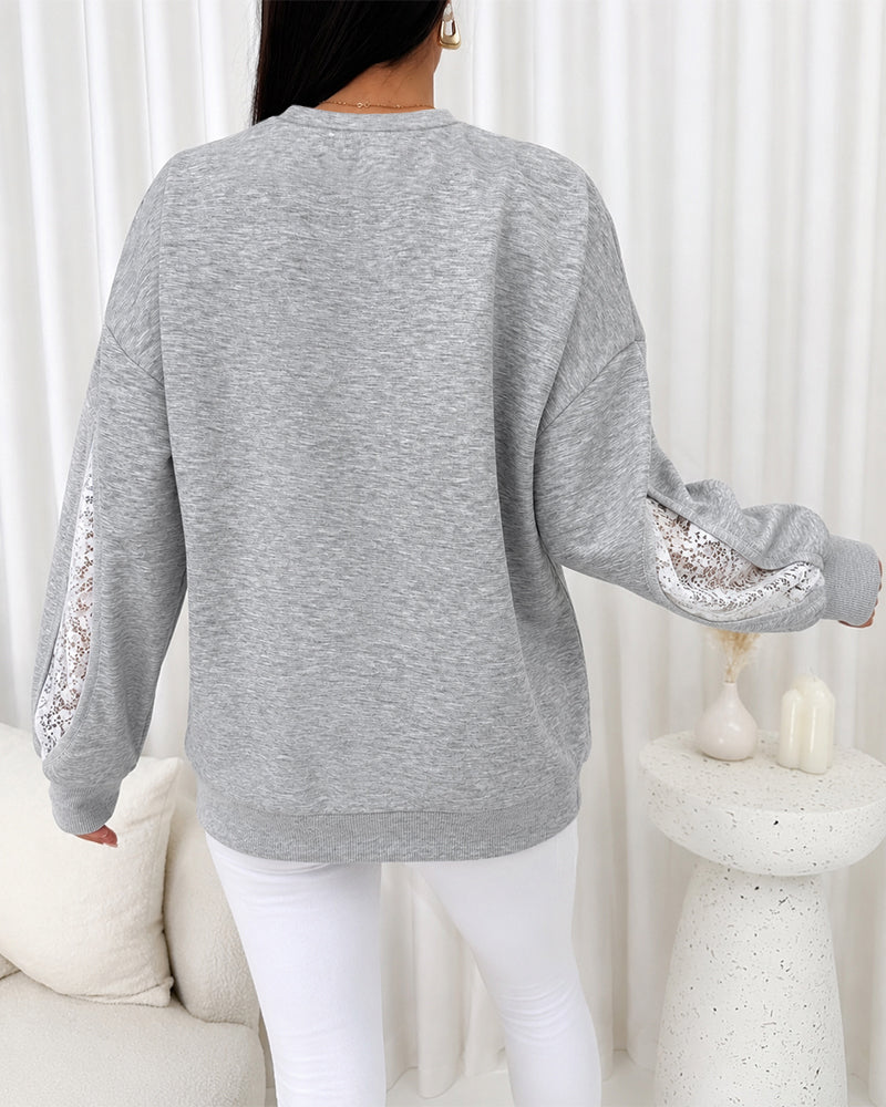 Women's Lace Patchwork Sweatshirt Crewneck Long Sleeve Pullover Slit Sleeve Casual Loose Fit Top