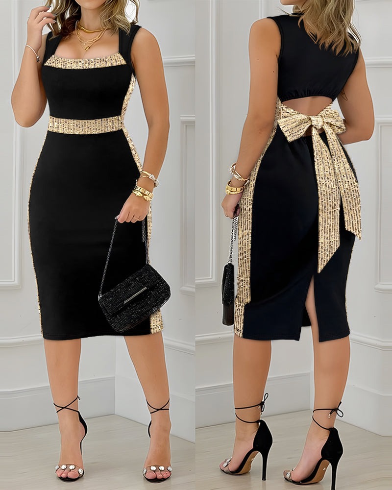 Square Neck Sleeveless Hollow-out Bowknot Mid-Calf Slit Dress