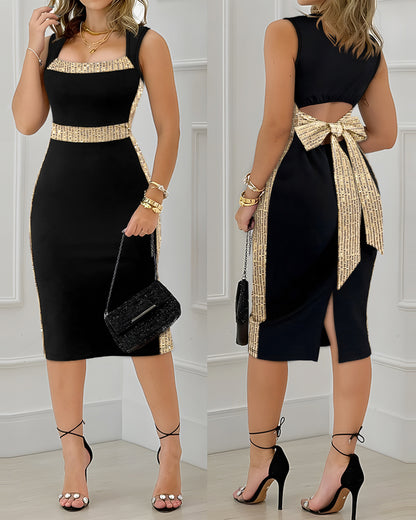 Square Neck Sleeveless Hollow-out Bowknot Mid-Calf Slit Dress