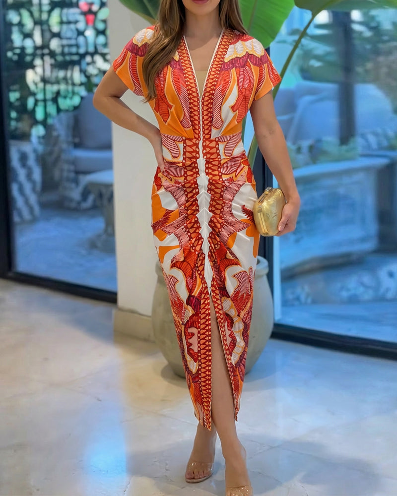 Vintage Baroque Print Deep V-Neck Short Sleeve Ruched Mid-length Dress Slim Fit Slit Front Vacation Dress