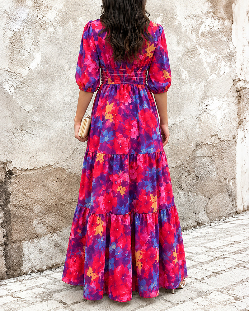 Vestido largo de gasa para mujer con flores vintage, escote en V, mangas abullonadas, cintura fruncida elástica y volantes