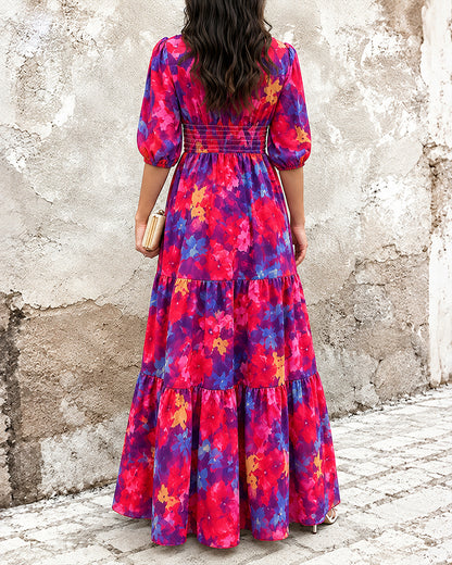 Vestido largo de gasa para mujer con flores vintage, escote en V, mangas abullonadas, cintura fruncida elástica y volantes