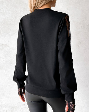 Keyhole Neck Hollow Out Contrast Lace Top