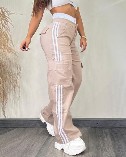 Contrast Side Striped Zipper Fly Stretchy High Waist Pants Flap Pockets Design Double Waistband Cargo Pants