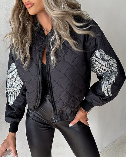 Sequin Wings Decor Argyle Pattern Baseball Collar Zip Up Jacket Casual Stretchy Hem Crop Padded Coat