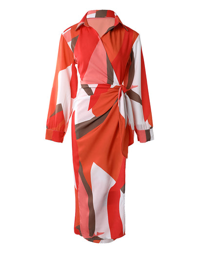 All Over Print Turn Down Collar Tied Detail Dress Casual Ruched Wrap Front Vacation Dress