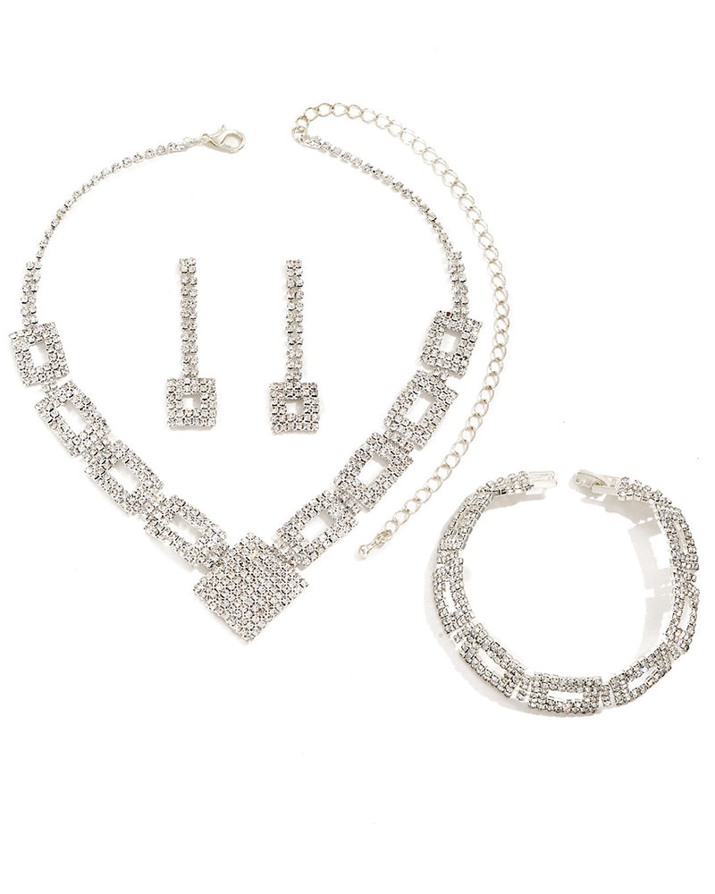 3PCS Allover Rhinestone Hollow Out Square Pendant Necklace & Drop Earrings & Bracelet Evening Party Wedding Jewelry Set