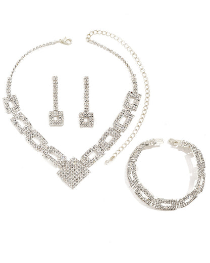 3PCS Allover Rhinestone Hollow Out Square Pendant Necklace & Drop Earrings & Bracelet Evening Party Wedding Jewelry Set