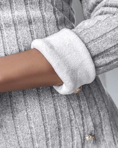 Polo V-Neck Long Sleeve Fleece Lined Bodycon Dress Slit Button Decor Ribbed Mini Dress