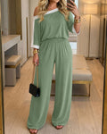 Women's 2 Piece Set Convertible Boat Neck Contrast Binding Top and Wide-Leg Pants with Pockets