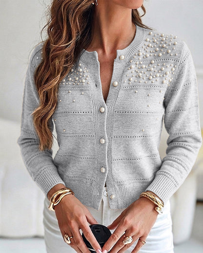 Women's Pearl Beaded Knit Cardigan Elegant Hollow Out Crop Sweater Casual Button Down Coat