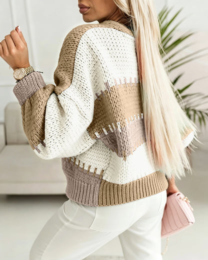 Women's Colorblock Knit Cardigan Chunky Knit Sweater Ribbed Trim Long Sleeve Casual Loose Knitwear