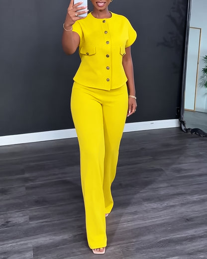 Women's 2 Piece Outfits Short Sleeve Button Down Top and Straight Leg Pants Set Casual Commuter Suits