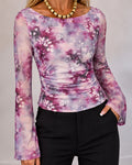 Women's Floral Print Gold Foil Sheer Mesh Boat Neck Flare Sleeve Ruched Top