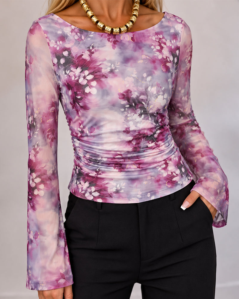 Women's Floral Print Gold Foil Sheer Mesh Boat Neck Flare Sleeve Ruched Top