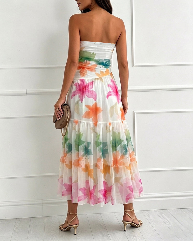 Women's Floral Strapless Maxi Dress Ruched Mesh Tube Vacation Dress Ruffle Hem A-Line Sundress with Detachable Clear Straps