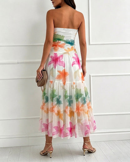 Women's Floral Strapless Maxi Dress Ruched Mesh Tube Vacation Dress Ruffle Hem A-Line Sundress with Detachable Clear Straps