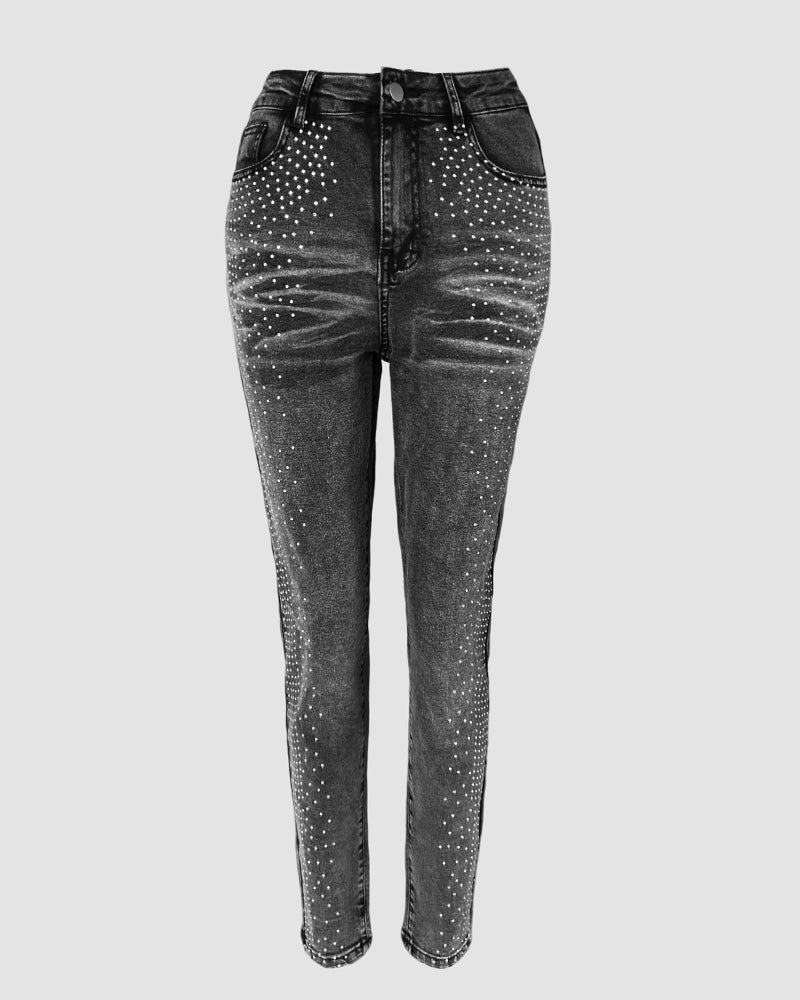 Rhinestone Decor High Waist Zipper Fly Skinny Jeans Washed Denim Pants without Belt