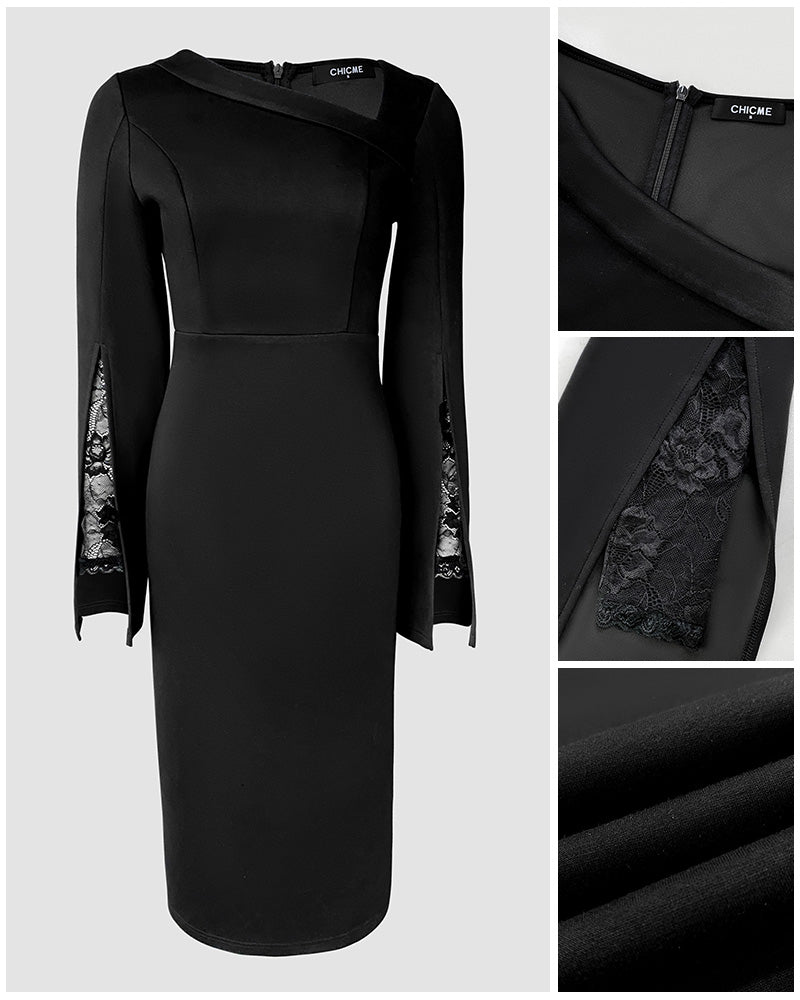 Asymmetrical Foldover Neck Lace Long Sleeve with Split Sleeve Overlay Party Dress Slim Fit Zipper Back Slit Commuting Dress