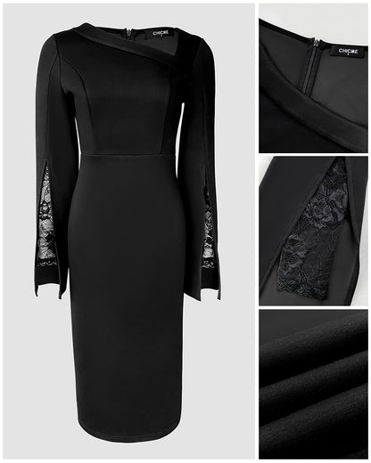 Asymmetrical Foldover Neck Lace Long Sleeve with Split Sleeve Overlay Party Dress Slim Fit Zipper Back Slit Commuting Dress