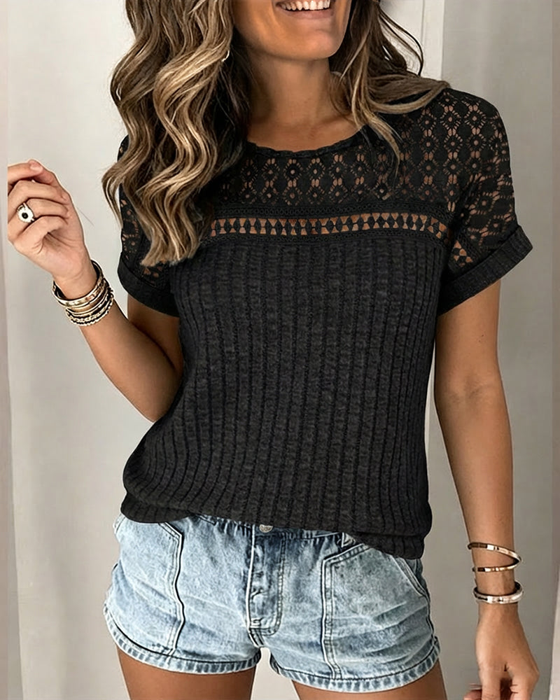 Lace Spliced Round Neck Rolled Cuffs Tee Casual Short Sleeve Ribbed Brushed Top