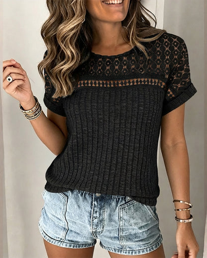 Lace Spliced Round Neck Rolled Cuffs Tee Casual Short Sleeve Ribbed Brushed Top