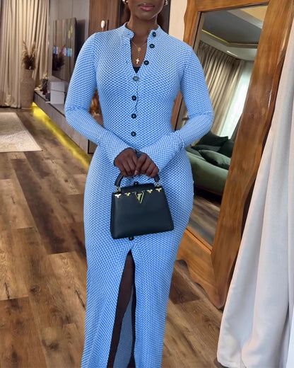 Women's Vintage Plaid Button Front Slit Maxi Dress Long Sleeve Stand Collar Slim Fit Knit Dress