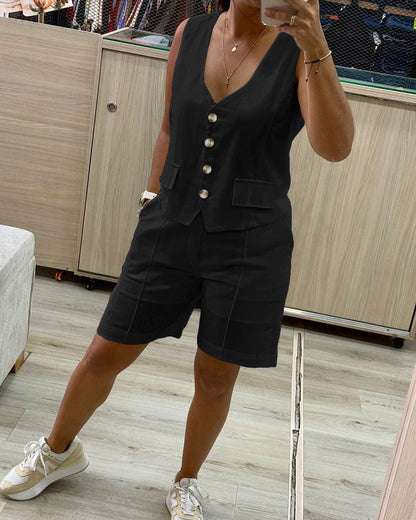 2 Pieces Outfit V Neck Button Front Flap Detail Vest Top and Casual Pockets Design Zipper Fly Elastic Back Waist Shorts Set