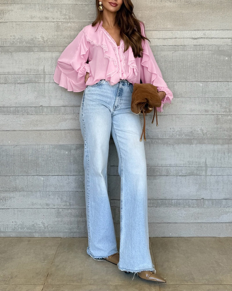 V-Neck Long Sleeve Button Front Eyelash Lace Spliced Blouse Casual Ruffles Patchwork Semi-Sheer Top