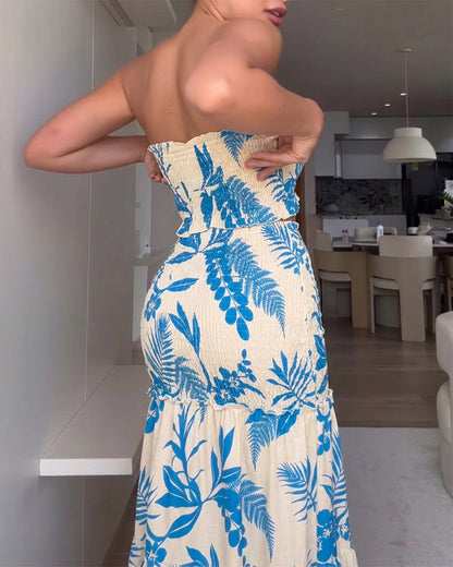 Women's Tropical Plants Print Bandeau Dress Shirred Cut Out Mermaid Maxi Dress Ruffle Hem Strapless Vacation Dress
