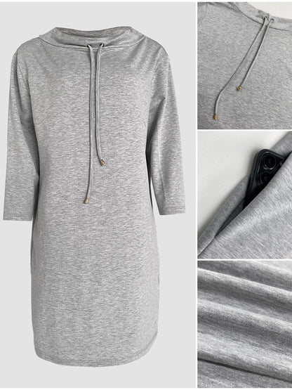 Stand Collar Drawstring Three Quarters Sleeve Casual Sweatshirt Dress