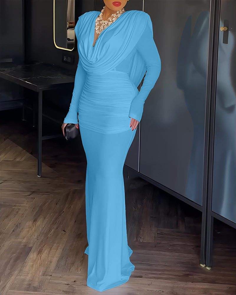 Cowl Neck Ruched Zipper Back Slim Fit Maxi Dress Casual Padded Shoulders Backless Evening Dress