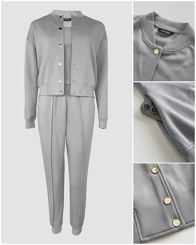Conjunto de 3 piezas: abrigo con botones a presión delanteros, pantalones elásticos con cintura elástica, costuras delanteras y puños elásticos, y camiseta de tirantes; chándal casual con rayas laterales en contraste