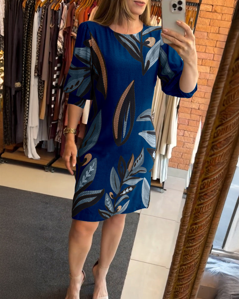 Plants Print Round Neck Half Sleeve Midi Dress