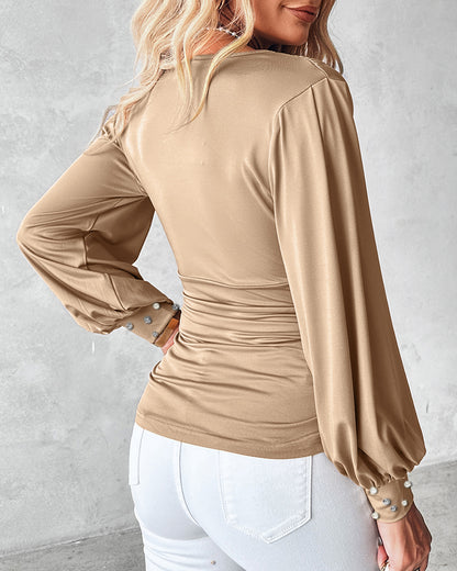 V-Neck Long Sleeve Casual Pearls Dec Cinch Blouse