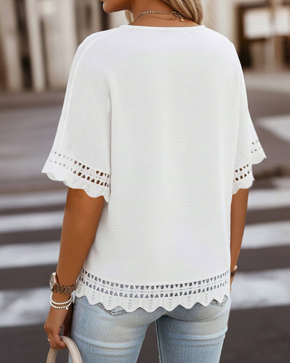Short Sleeve Hollow-out Pattern Spliced Scallop Hem Versatile Tee Casual Minimalist Loose Fit Top