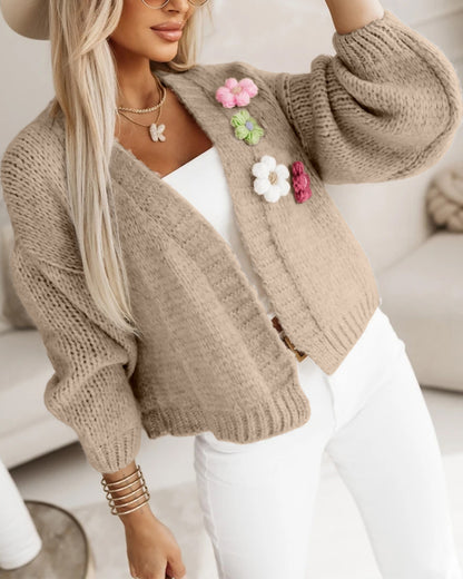 Women's 3D Floral Knit Cardigan Long Sleeve Crochet Sweater Casual Crop Coat