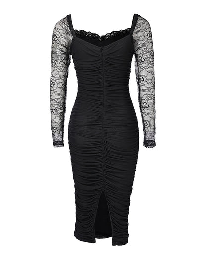 Lace Trim Square Neck Lace Long Sleeve Back Slit Bodycon Dress Zipper Back Backless Ruched Party Dress