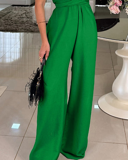 Halter Sleeveless Lace-up Jumpsuit Casual Waist Ruched Loose Fit Romper