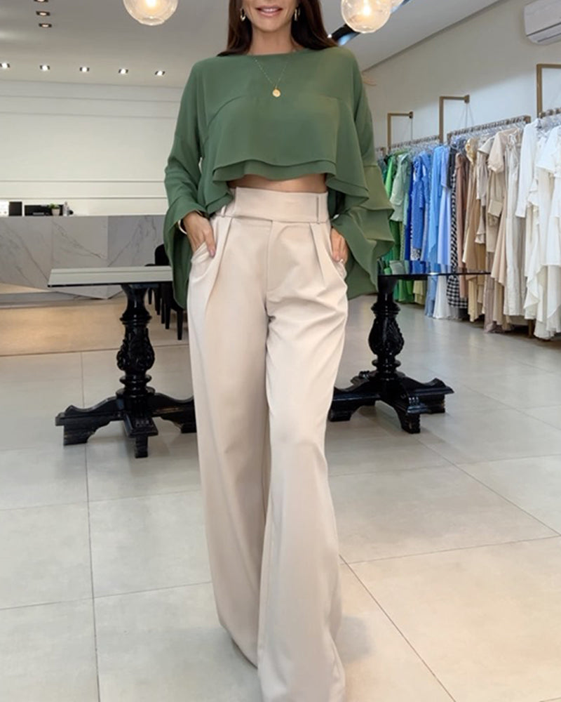 Round Neck Bell Sleeve Crop Top Casual Loose Fit Layered Blouse