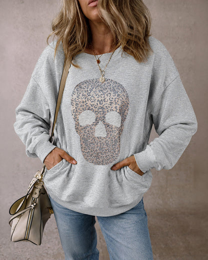 Women's Rhinestone Skull Graphic Loose Sweatshirt Drop Shoulder Crewneck Pullover Top