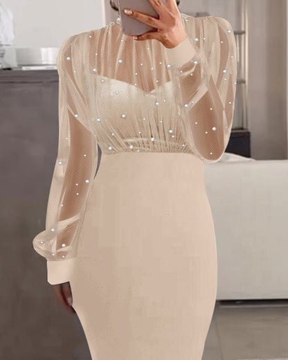 Mock Neck Sheer Mesh Spliced Beaded Bodycon Dress Zipper Back Slit Party Dress