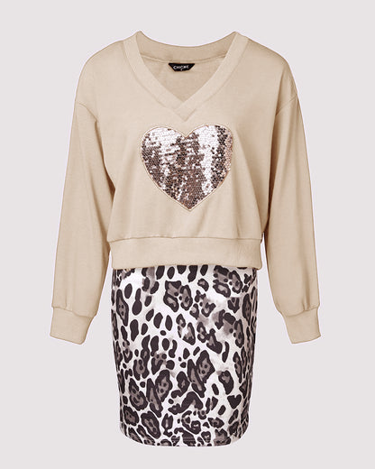 2 Piece Contrast Sequin Heart Pattern V-Neck Sweatshirt Leopard Print Sleeveless Tank Dress Set