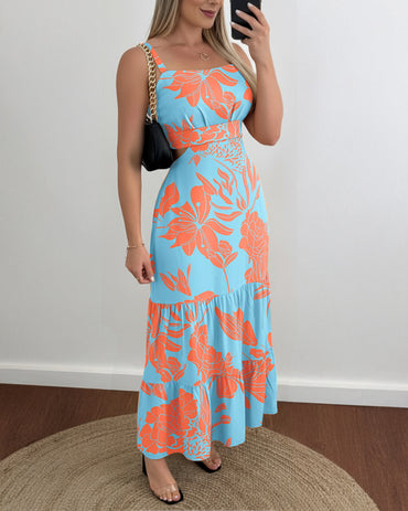 Floral Print Square Neck Adjustable Straps Shirred Back Maxi Dress Casual Cutout Waist Ruffle Hem Vacation Dress