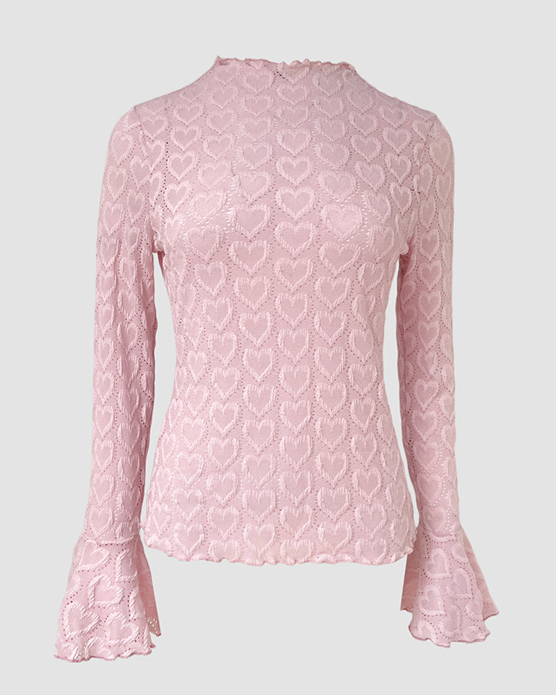CHICME Women's Heart Jacquard Knit Top Mock Neck Long Sleeve Flare Cuff Slim Fit Blouse with Frill Trim and Hollow-out Details
