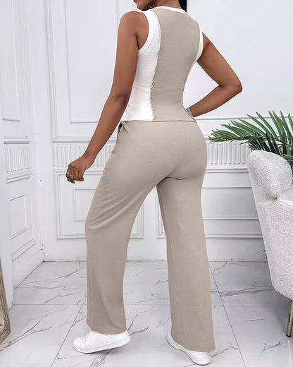 2 Pieces Outfit O-neck Slim Fit Tank Top and Drawstring Elastic Waist Straight Leg Pants Set Casual Colorblock Ribbed Set