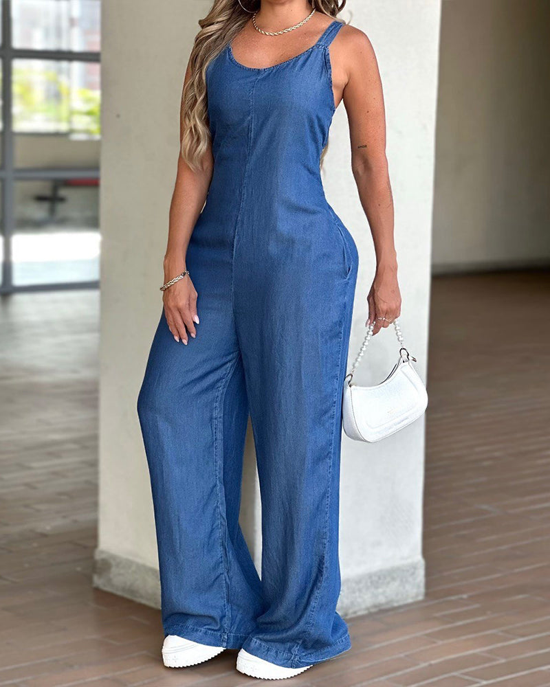 Plain V-Neck Spaghetti Strap Jumpsuit with Pockets Casual Back Shirred Wide Leg Romper