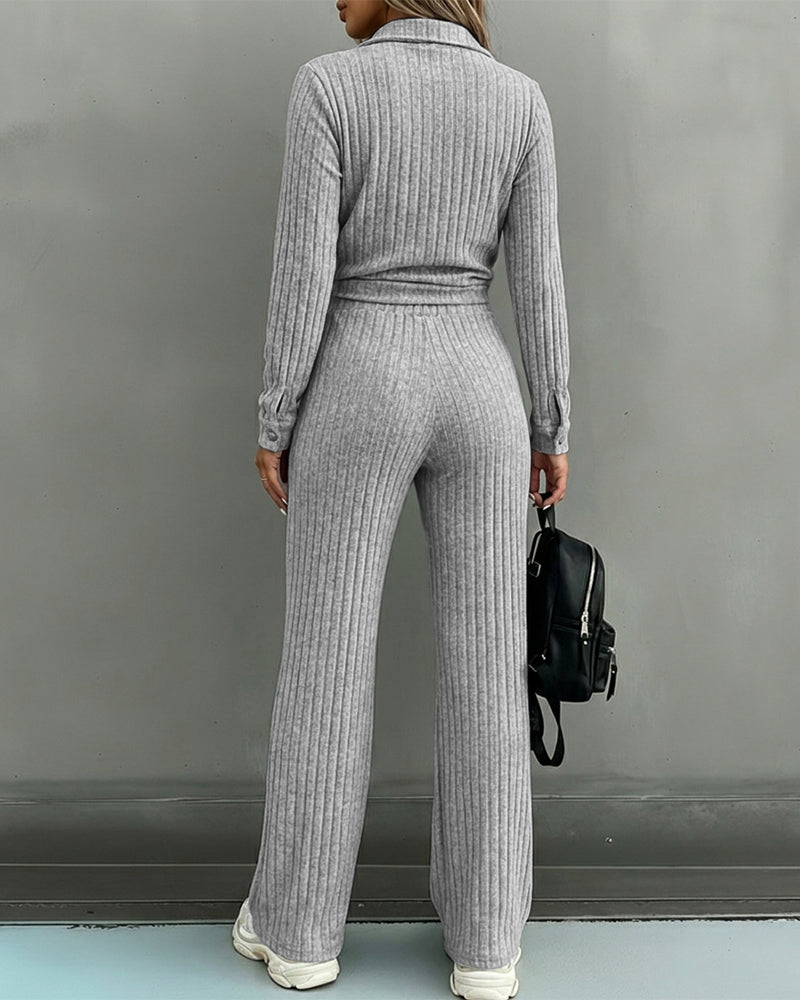Women's 2 Piece Ribbed Knit Outfits Button Down Top and Straight Leg Pants Set Casual Loungewear Matching Tracksuit
